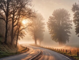 Fototapeta premium Stunning high resolution photos of a winding country road through the morning fog towards the sun. Travel