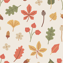 Seamless pattern of autumn leaves, poppy pods, flowers, acorns in cutout style on light beige background. Simple geometric botanical elements. Fall vector design for textile, wallpaper, wrapping paper