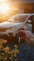 A close-up of a hand holding car keys, with an out-of-focus background showing part or all of the vehicle in soft focus