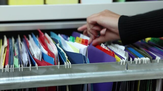 Secretary searching through files in a filing cabinet drawer, showcasing the process in slow motion. Selective focus