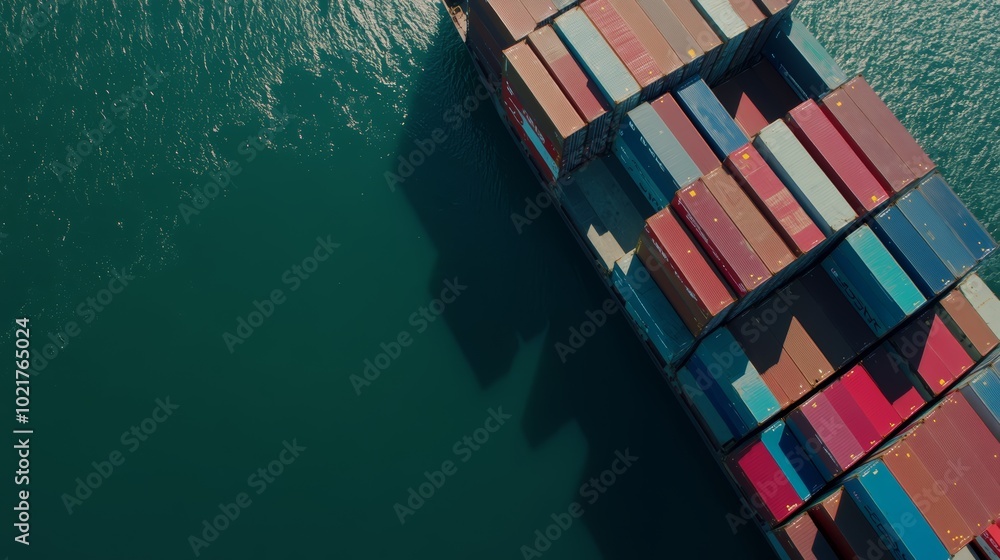 Poster aerial view of a large container ship loaded with colorful cargo containers.