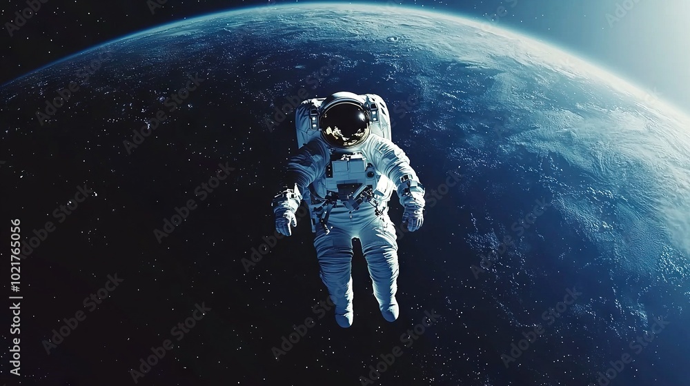 Poster an artistically rendered depiction of an astronaut floating before a azure planet against an earth b