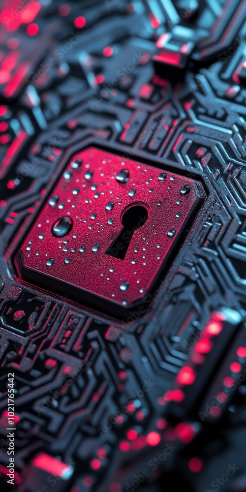 Poster close-up of a keyhole on a circuit board illuminated with red lighting, symbolizing security.