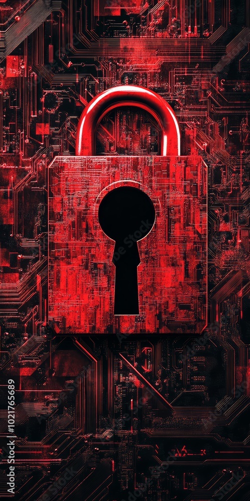 Poster a stylized red padlock on a digital circuit background, representing security and technology.