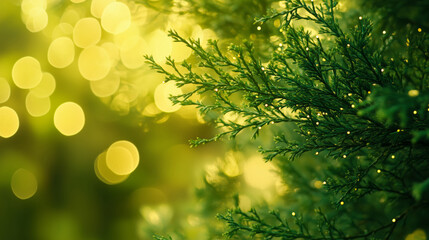 Close-up of green cypress branches against a background of sparkling Christmas lights