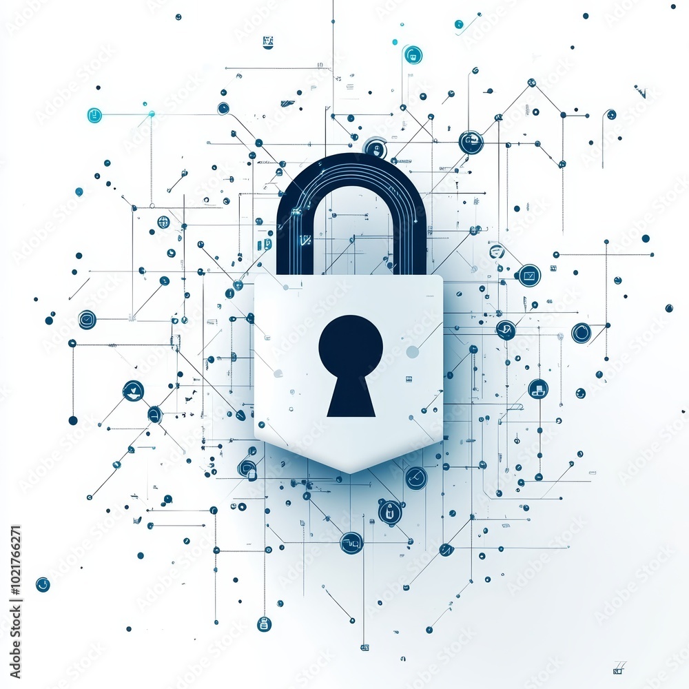 Poster abstract digital lock symbolizing cybersecurity and data protection.