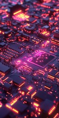 Obraz premium Abstract close-up of a vibrant, illuminated circuit board design in neon pink and blue hues.