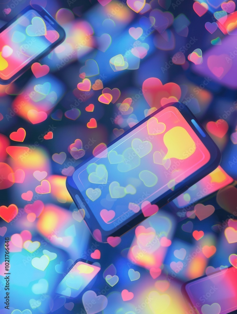 Poster smartphones light up with colorful heart icons and notifications, reflecting engagement and interact