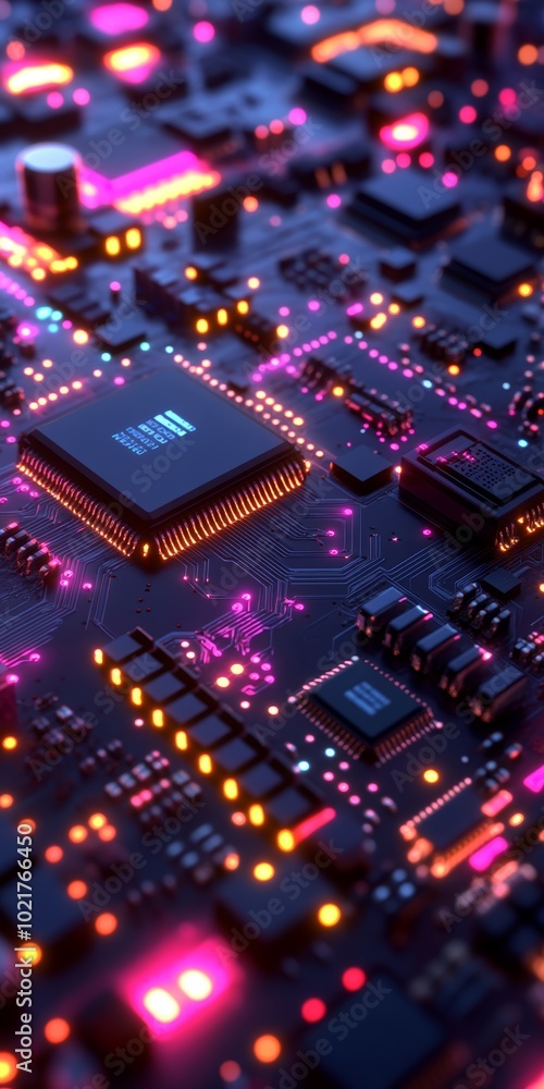 Poster close-up of a vibrant circuit board with glowing led lights and intricate components.