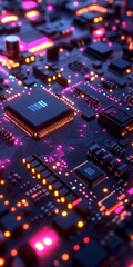 Obraz premium Close-up of a vibrant circuit board with glowing LED lights and intricate components.