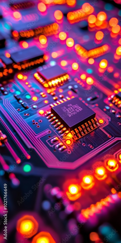 Poster close-up of vibrant circuit board with glowing lights in a tech-inspired setting.
