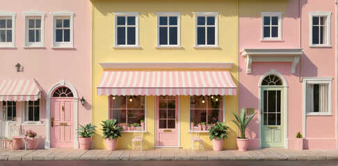 Obraz premium 3D-rendered pink storefront set against a pastel color background, showcasing a quaint, cottage-like design. The small building features large arched windows, a striped awning, and a pink door, 
