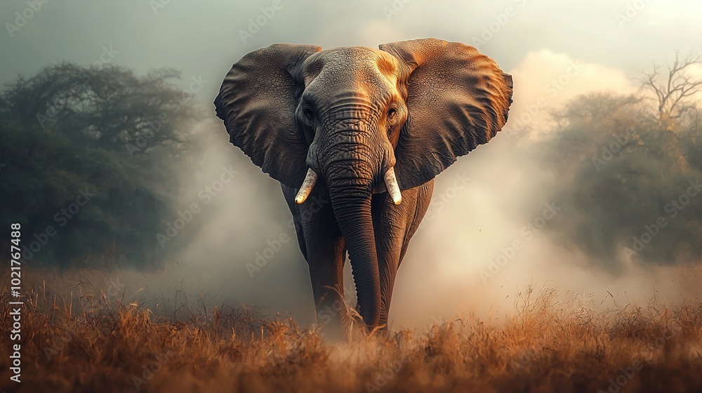 Poster an elephant with tusks, standing in a field with trees in the background and fog in the foreground i