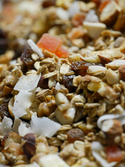 Close-up of home made muesli on a baking sheet.