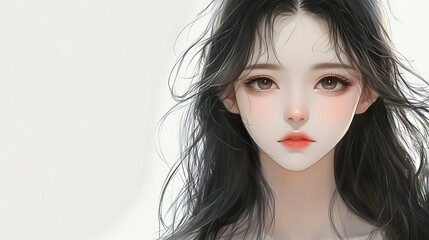 Fototapeta premium Anime girl with long black hair, brown eyes and sad expression, digital art illustration