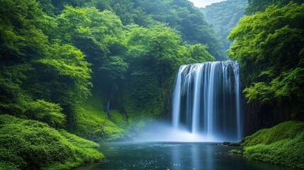 A cascading waterfall flows down a rocky cliff face into a still pool of water, surrounded by lush green vegetation.