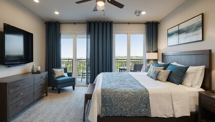 Fototapeta premium Elegant Queen Bed Apartment with Charming Patio, Ai generated Images