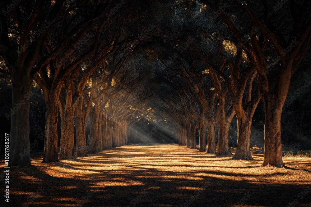 Poster a path lined with trees illuminated by sunlight shining through the branches creating a tunnel of li