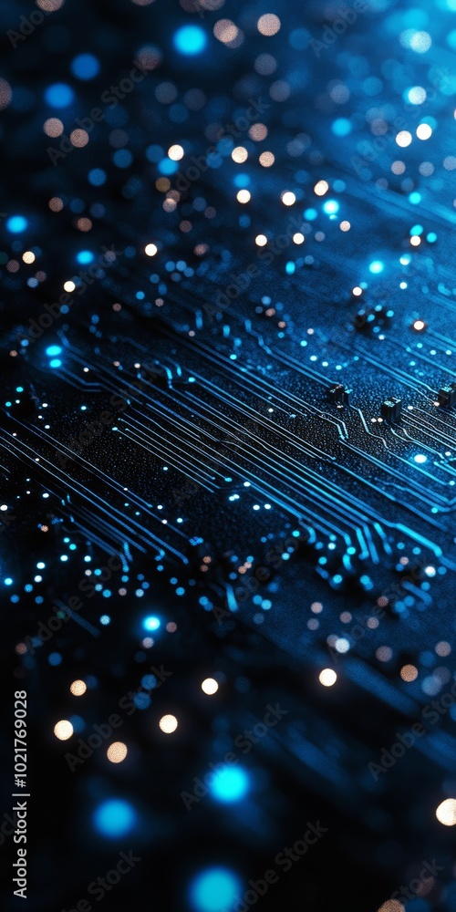 Poster close-up of a vibrant blue circuit board with glowing lights and intricate patterns.