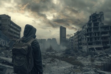 A man in a hoody and a backpack stands in front of a city destroyed by war. The sky is dark and cloudy. Concept: post-apocalypse.