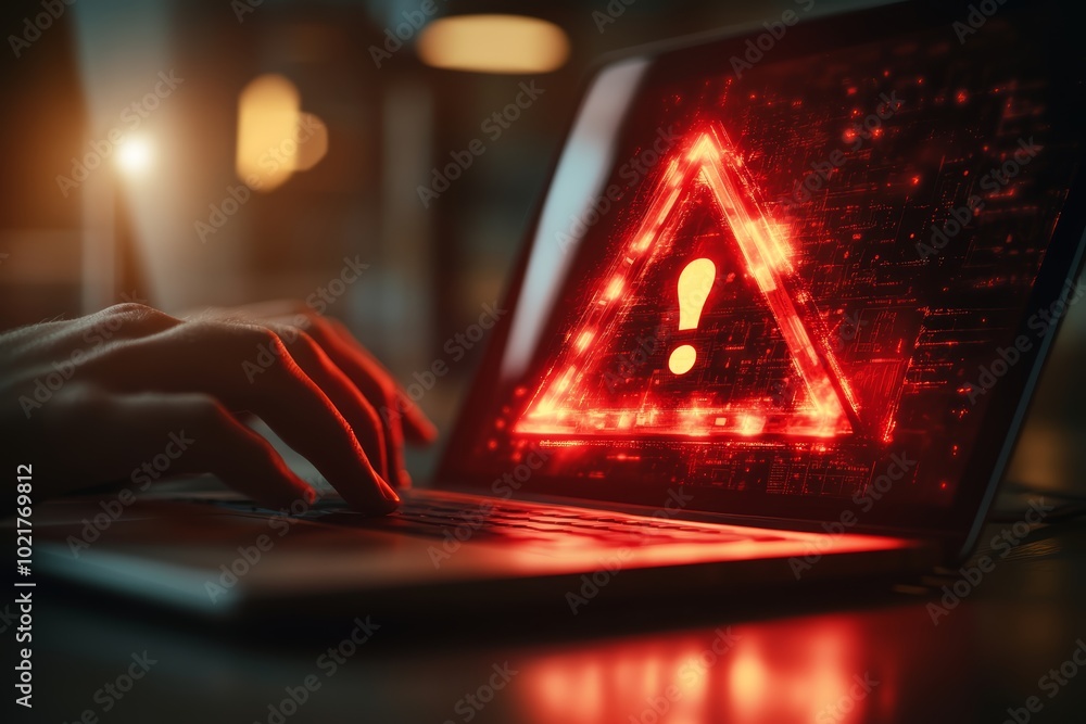 Poster a close-up of a hand on a laptop with a glowing red warning symbol displayed on the screen.