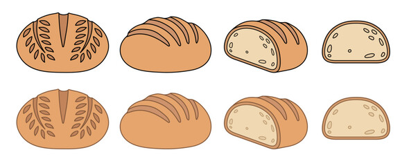Cartoon Sourdough Bread Loaf Clipart, with Whole, Half and Slice - Isolated on a Transparent Background