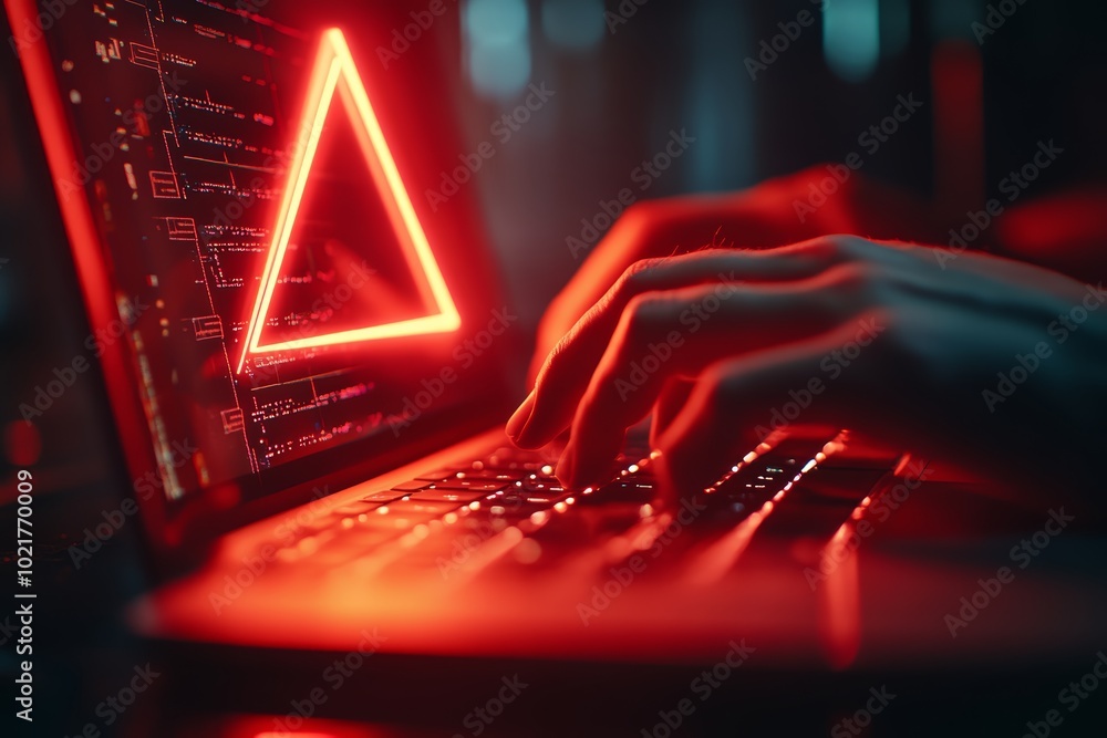 Aufkleber close-up of hands typing on a laptop with a glowing red warning triangle on the screen.