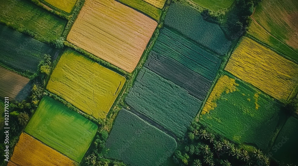 Poster aerial view of colorful patchwork fields for agriculture or travel generative ai