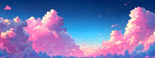 Beautiful pink and blue clouds in the sky, digital art, anime background