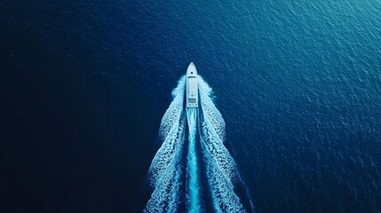 Aerial view of a boat leaving a wake in a calm ocean, ideal for travel and leisure concepts Generative AI
