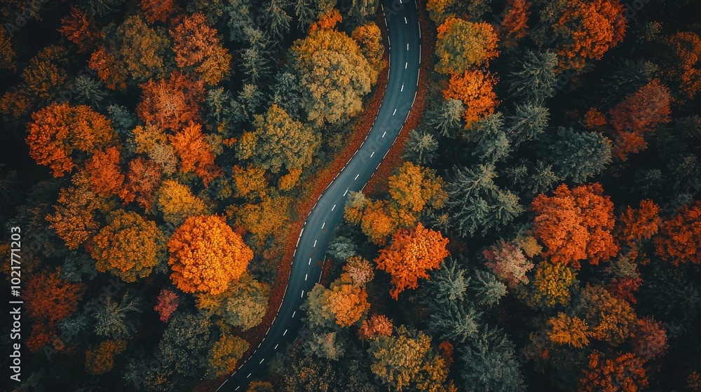 Poster scenic aerial view of winding road through forest in fall generative ai