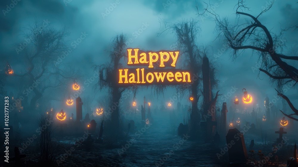 Wall mural Ghostly Happy Halloween letters glowing in the misty air above a haunted graveyard with twisted trees and flickering lights