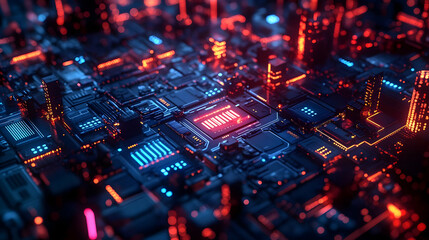 Obraz premium Abstract 3D Render of Futuristic Cityscape with Glowing Lights