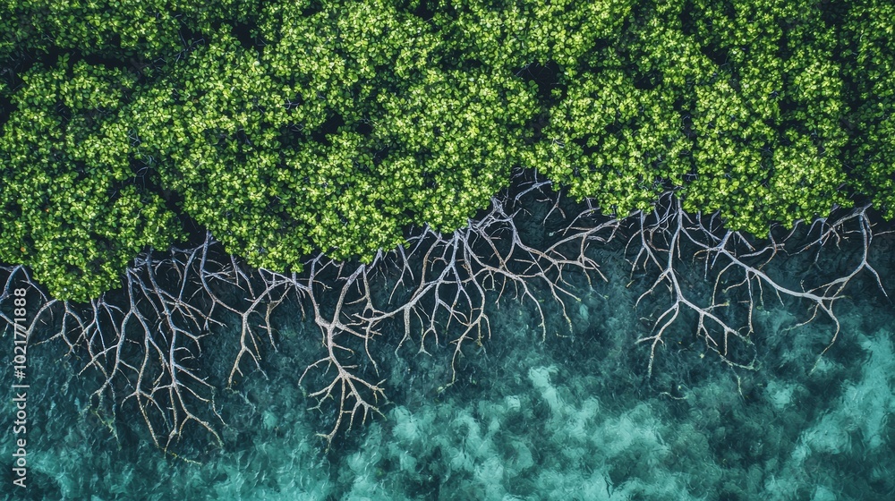 Aufkleber aerial view of a mangrove forest with intricate root systems generative ai