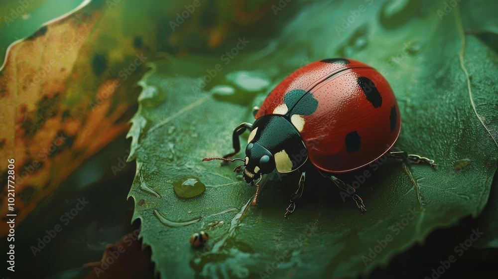 Poster close-up of a ladybug crawling on a leaf, macro shot of a ladybug in its natural habitat generative 