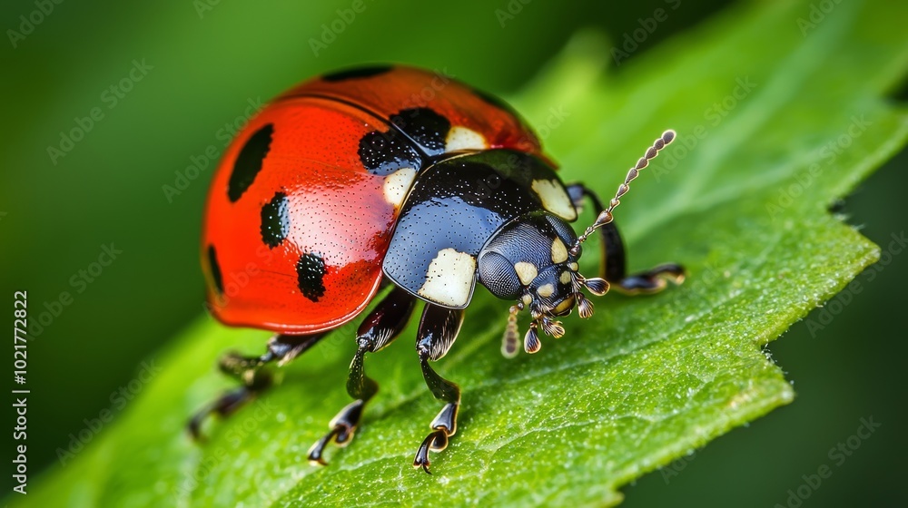 Poster close-up of a ladybug crawling on a leaf, macro shot of a ladybug in its natural habitat generative 