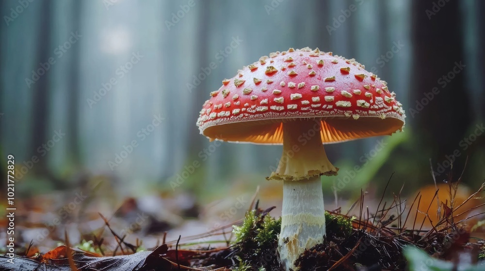 Poster close-up of a red-capped mushroom in a forest environment generative ai