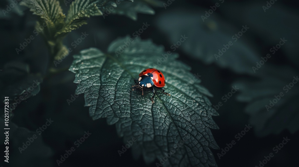 Poster close-up of a ladybug crawling on a leaf, macro shot of a ladybug in its natural habitat generative 