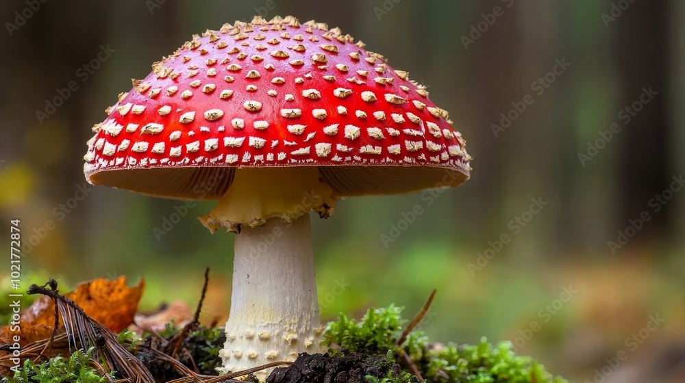 Poster close-up of a red-capped mushroom in a forest environment generative ai