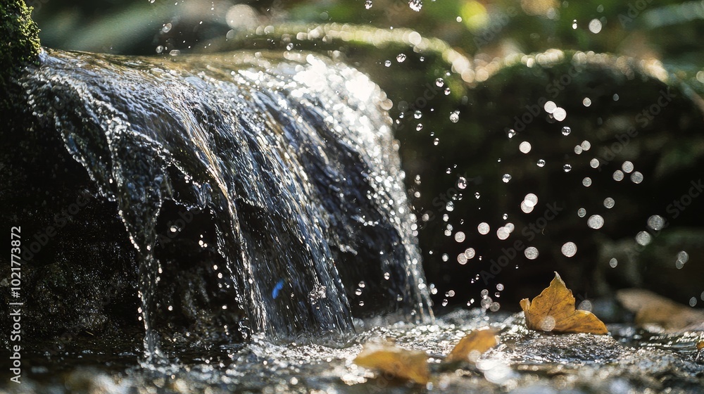 Aufkleber water droplets splashing from a small cascade generative ai