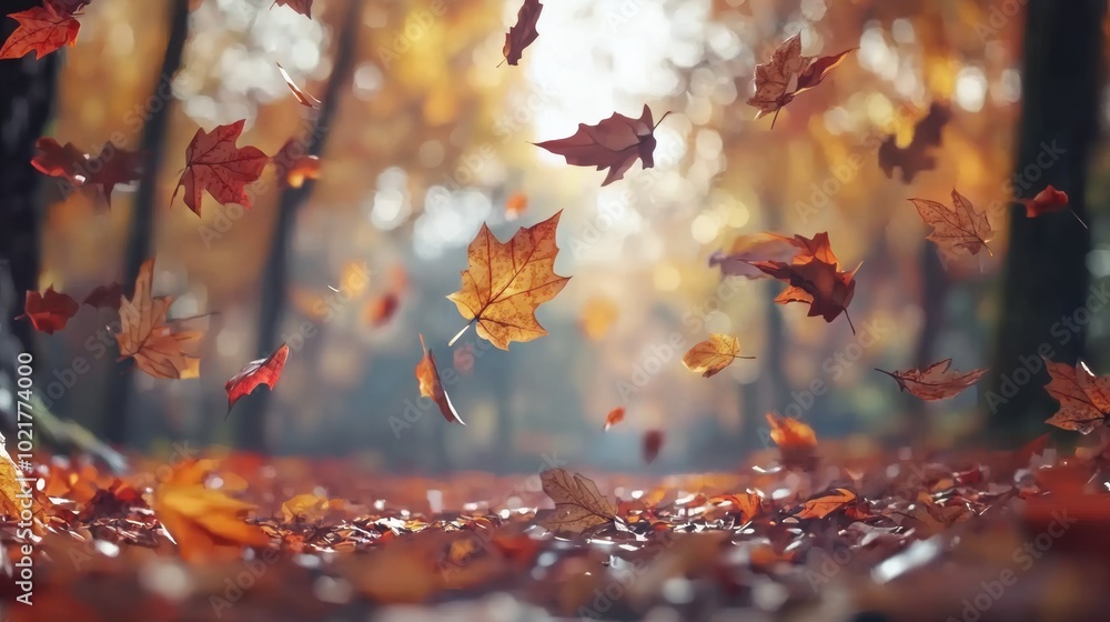 Poster autumn leaves falling from trees in slow motion generative ai