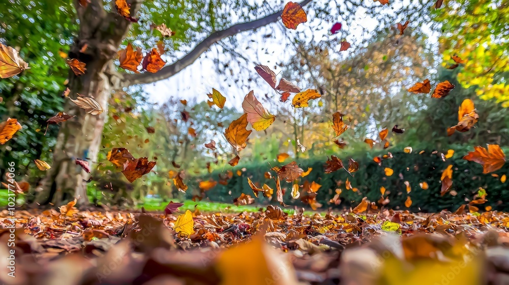 Poster autumn leaves falling from trees in slow motion generative ai