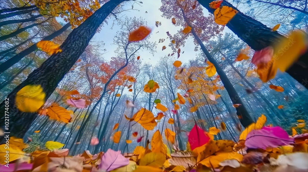 Poster Autumn Leaves Falling from Trees in Slow Motion Generative AI
