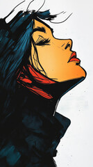 Close-up of a woman's face in a digital illustration, looking up and dreaming.