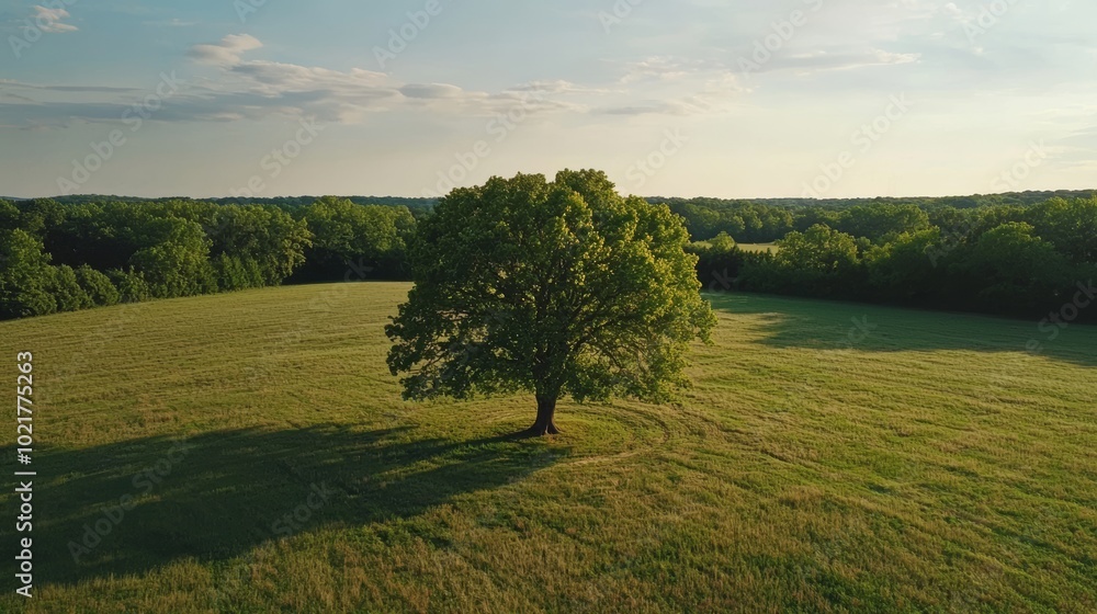 Poster drone shot of a lone tree in a field, ideal for nature and landscape concepts generative ai