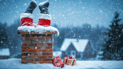 Funny Santa Claus stuck with feet up in a chimney on a roof, he is delivering gifts on Christmas Eve