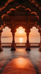Majestic sunset view through traditional Indian arches
