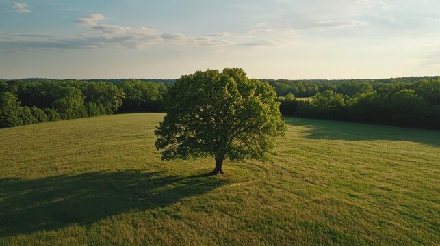 Drone shot of a lone tree in a field, ideal for nature and landscape concepts Generative AI