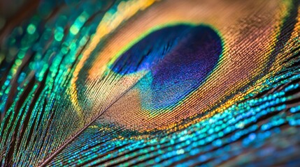 Obraz premium Vibrant Iridescent Peacock Feathers Close-up for Textures and Patterns Generative AI