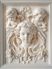 Fototapeta premium White Plaster Relief Sculpture of Cherubs and Angel